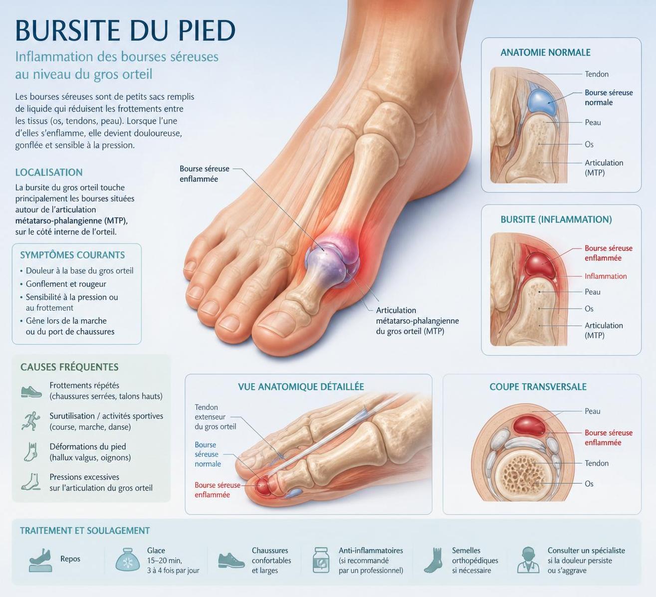 découvrez les signes et douleurs caractéristiques de la bursite du pied, une inflammation des bourses séreuses, pour mieux comprendre et soulager cette condition.