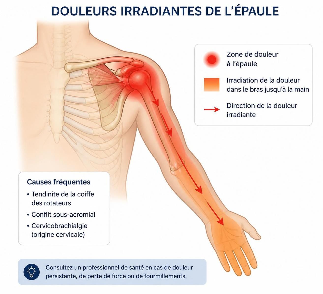 découvrez les principales pathologies à suspecter lorsque vous ressentez une douleur à l’épaule irradiant dans le bras, et apprenez quand consulter un professionnel de santé.