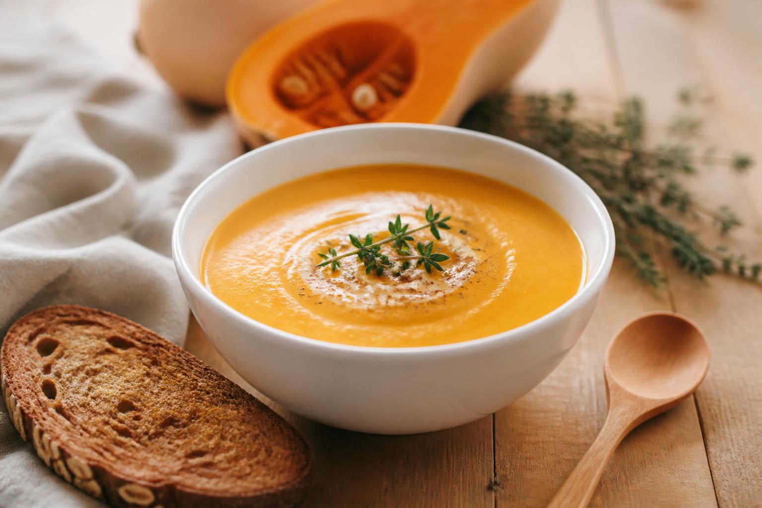découvrez notre recette facile de velouté de butternut, idéale pour un dîner sain et réconfortant. savourez une soupe onctueuse et pleine de saveurs en quelques minutes.